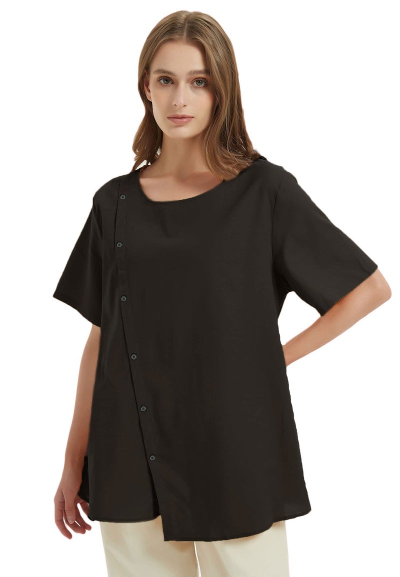 Minibee بلوزة نسائية من الكتان من ميني بي بأكمام قصيرة مع زينة أزرار باللون الأسود 2XL - Image 3